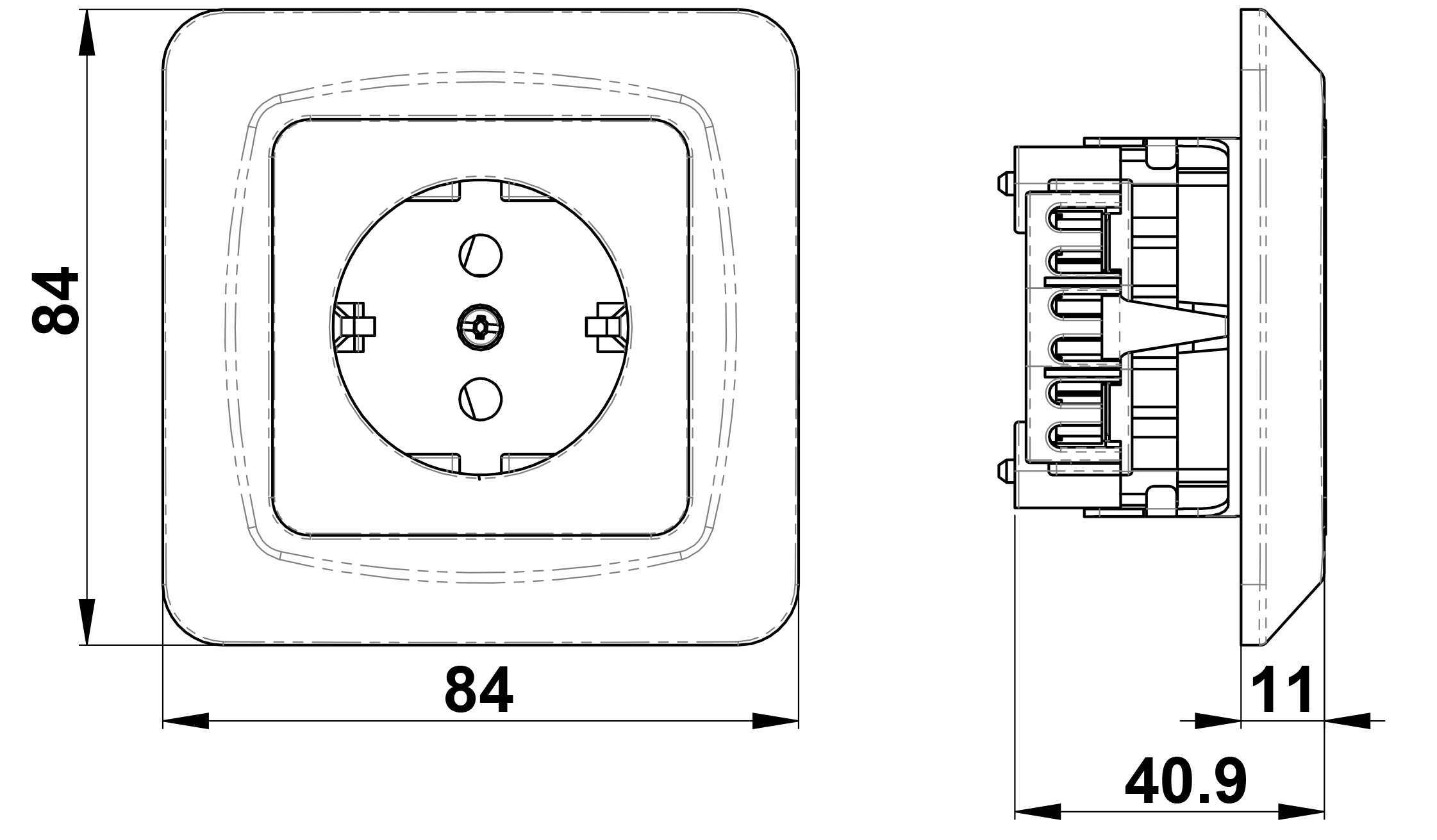 Flush-type wall socket outlet for fixed installation