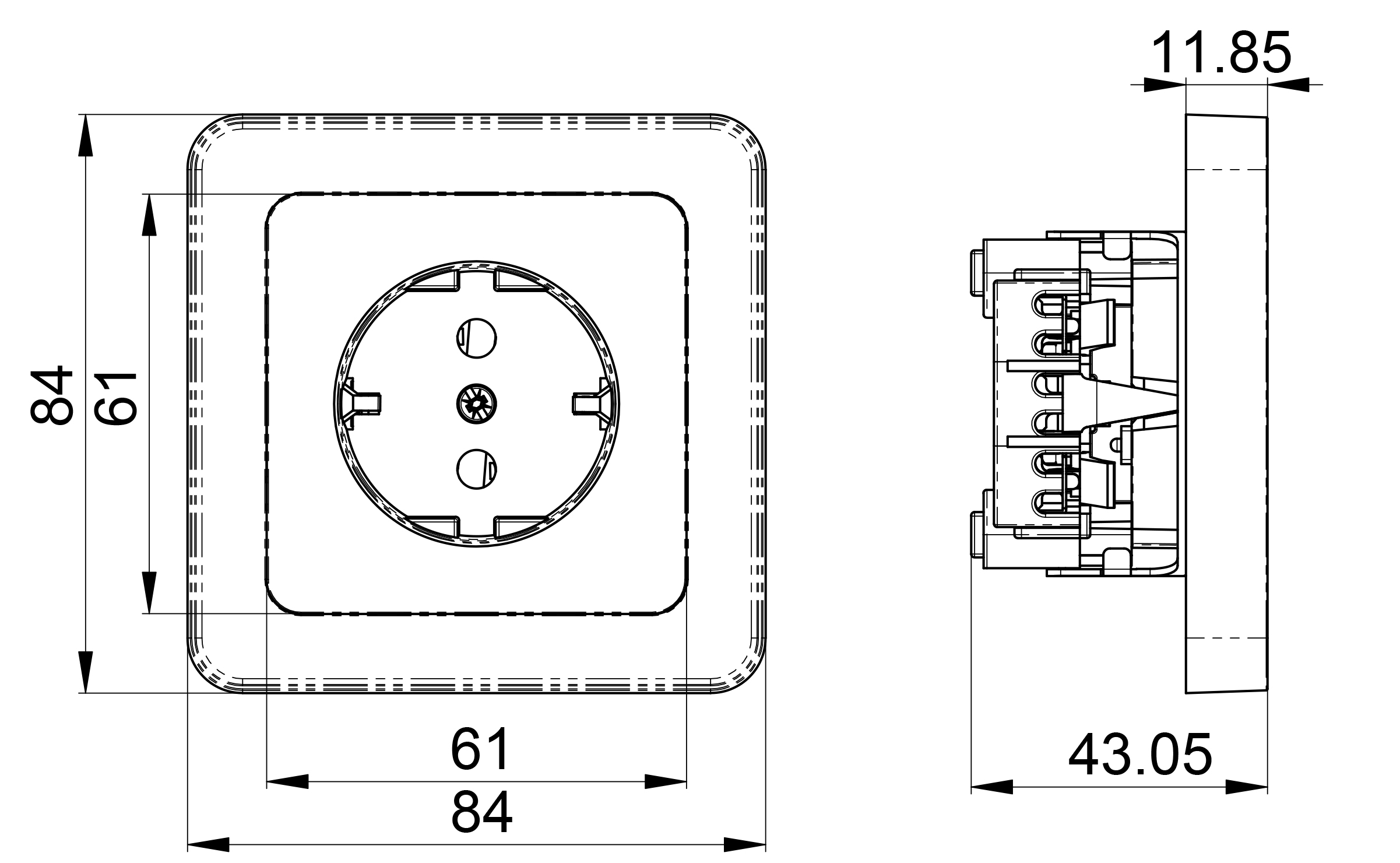 Flush-type wall socket outlet for fixed installation